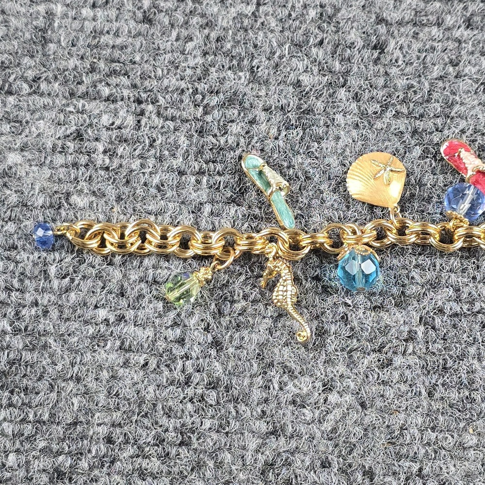 Vintage Kirks Folly Beach‎ Charm Bracelet Flip Flops Palm Seahorse Gold Tone - Picture 5 of 7